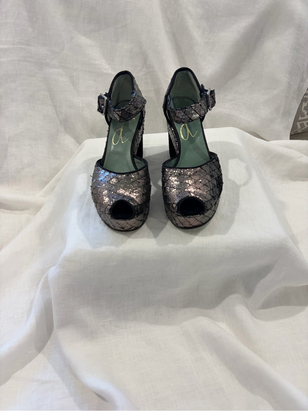Glitter Peep-Toe Platform Heels with Ankle Strap - Black
